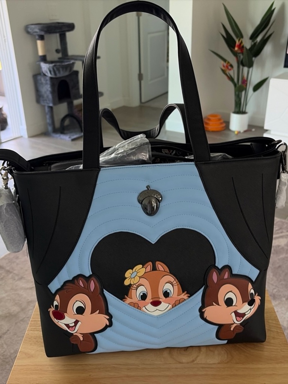 Loungefly Black & Light Blue Chipmunk Heart Tote with Trio Appliqué